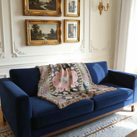 Caucasian Rug Inspired woven blanket with geometric pattern styled for layered home decor
