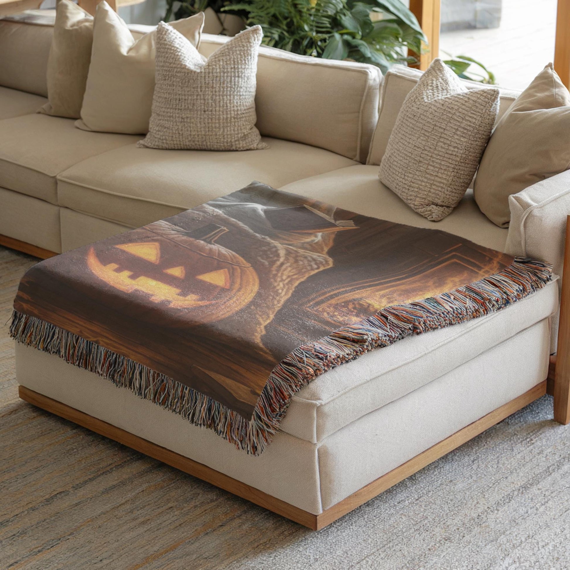 Halloween Living-Room Blanket – Cozy Fall Cotton Woven Throw with Black Cat Tapestry
