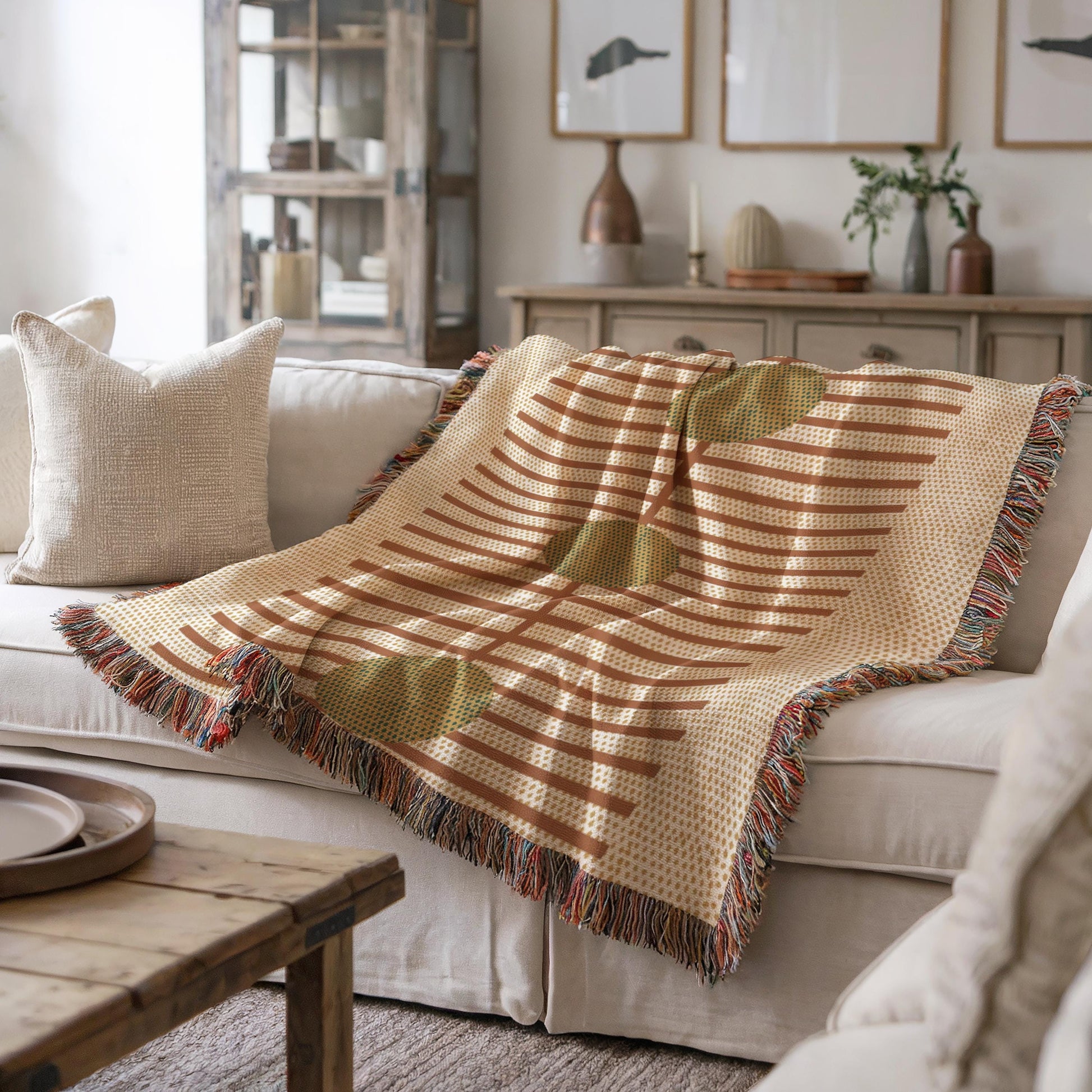 Woven Cotton Blanket - Cozy Rustic Stripe Throw With Green Dots Pattern