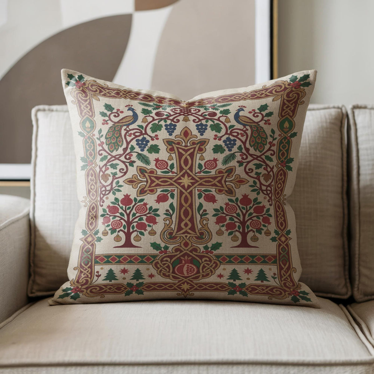 Armenian Christmas woven throw pillow with a cross and pomegranate design on a beige sofa