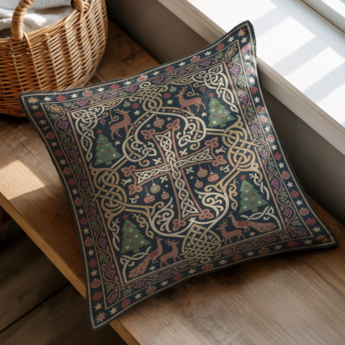 Armenian cross pillow in green and gold resting on a wooden surface beside a basket