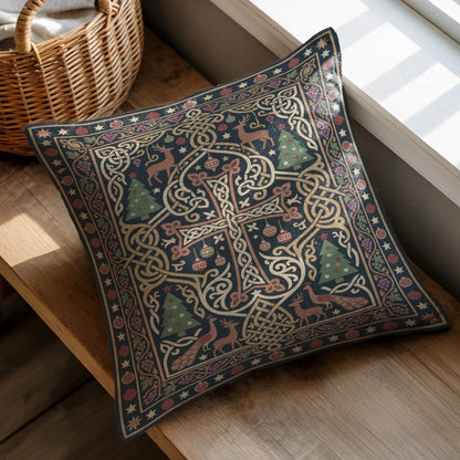 Armenian cross pillow in green and gold resting on a wooden surface beside a basket