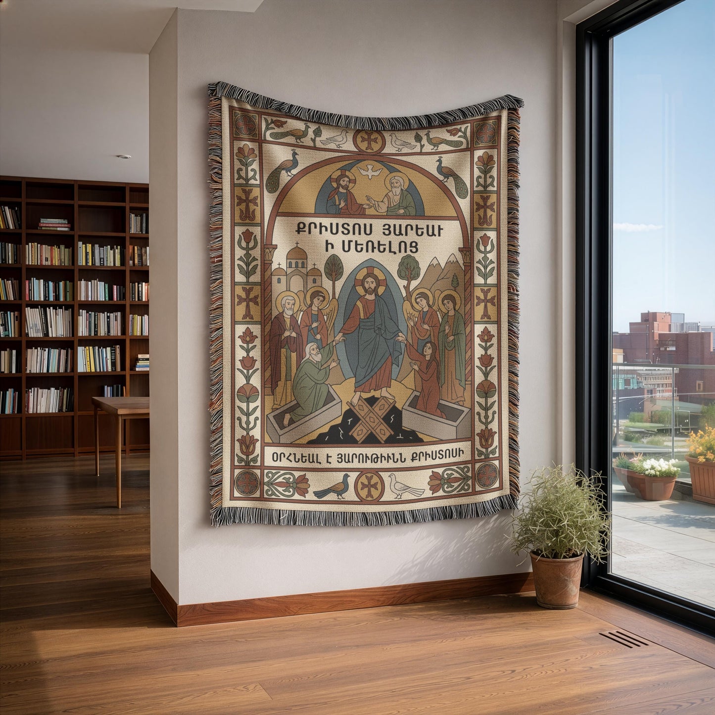 Narrow alcove, Virgin Mary wall tapestry hangs next to doorway, potted plant and warm wood floor, sacred icon wall art.