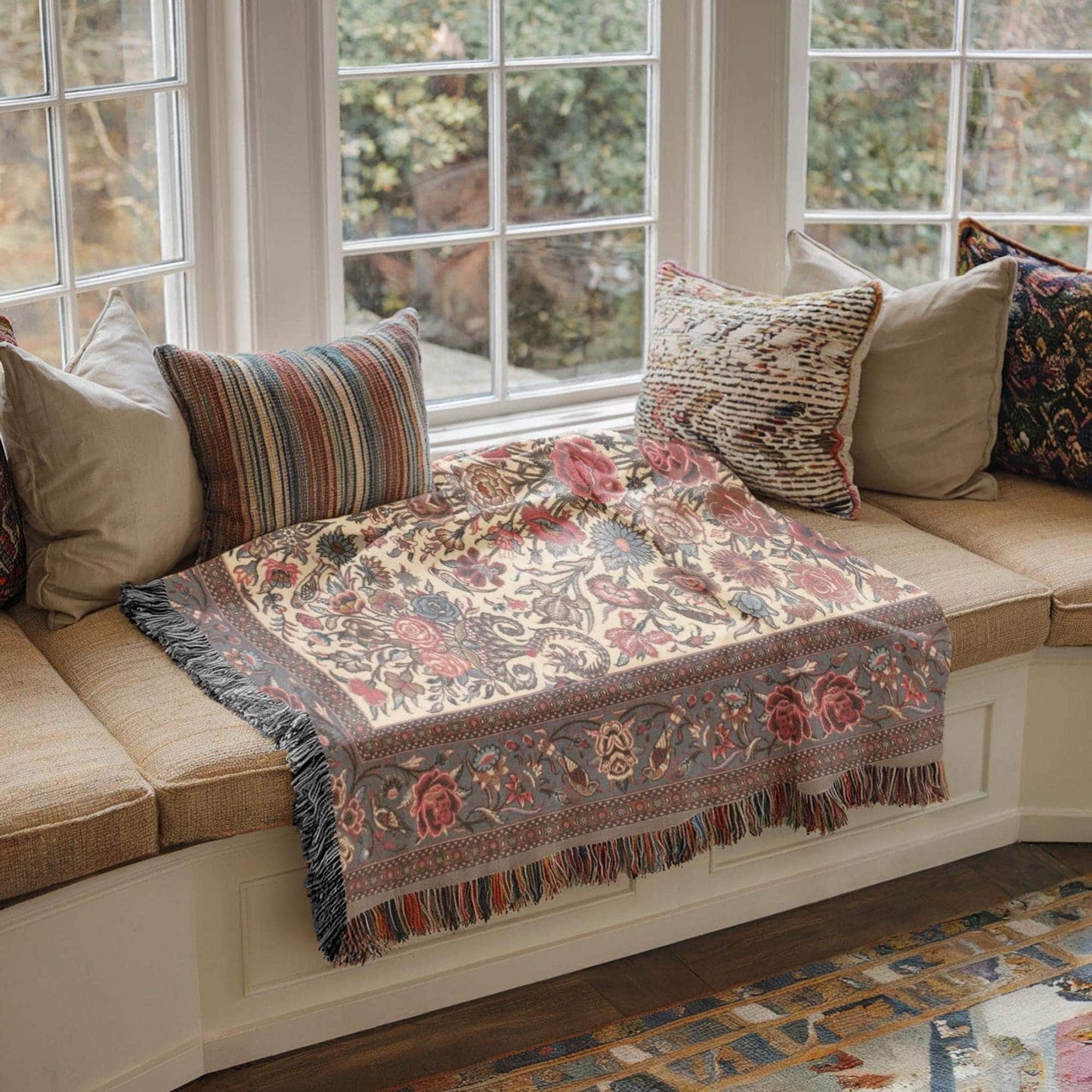 Moroccan Inspired woven blanket with floral pattern styled for layered home decor