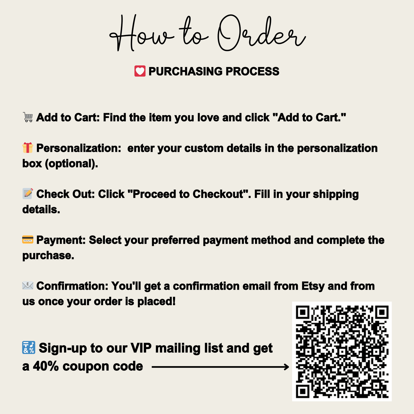 The image is a step-by-step guide on how to order from an online store, specifically from Etsy. It provides instructions on how to add items to a cart, personalize the purchase, complete the purchase, and receive a confirmation email from Etsy and a VIP mailing list. The guide also mentions a 40% discount code for the VIP mailing list.