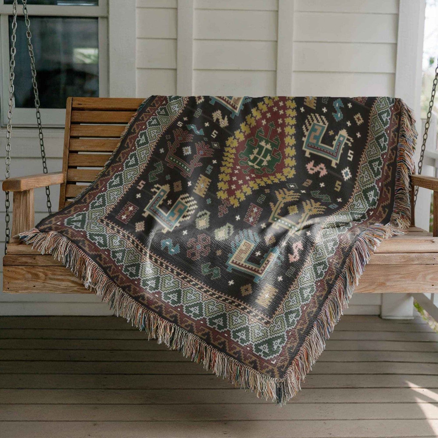 Caucasian Rug Inspired woven wall tapestry with geometric pattern styled as textile wall decor