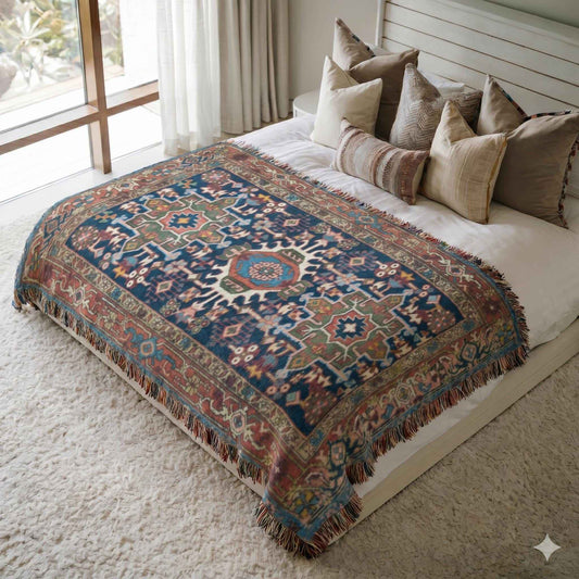 Anatolian Inspired woven blanket with rug-style pattern styled for layered home decor