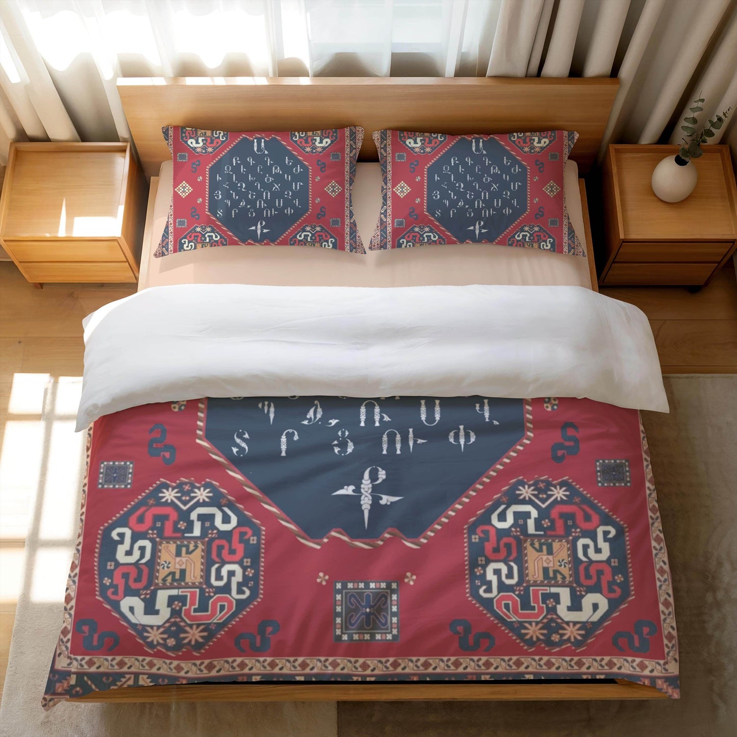 Armenian Alphabet Duvet - Personalized Traditional Bedding Set With Haykakan Ethnic Pattern - timelessbohochic.com