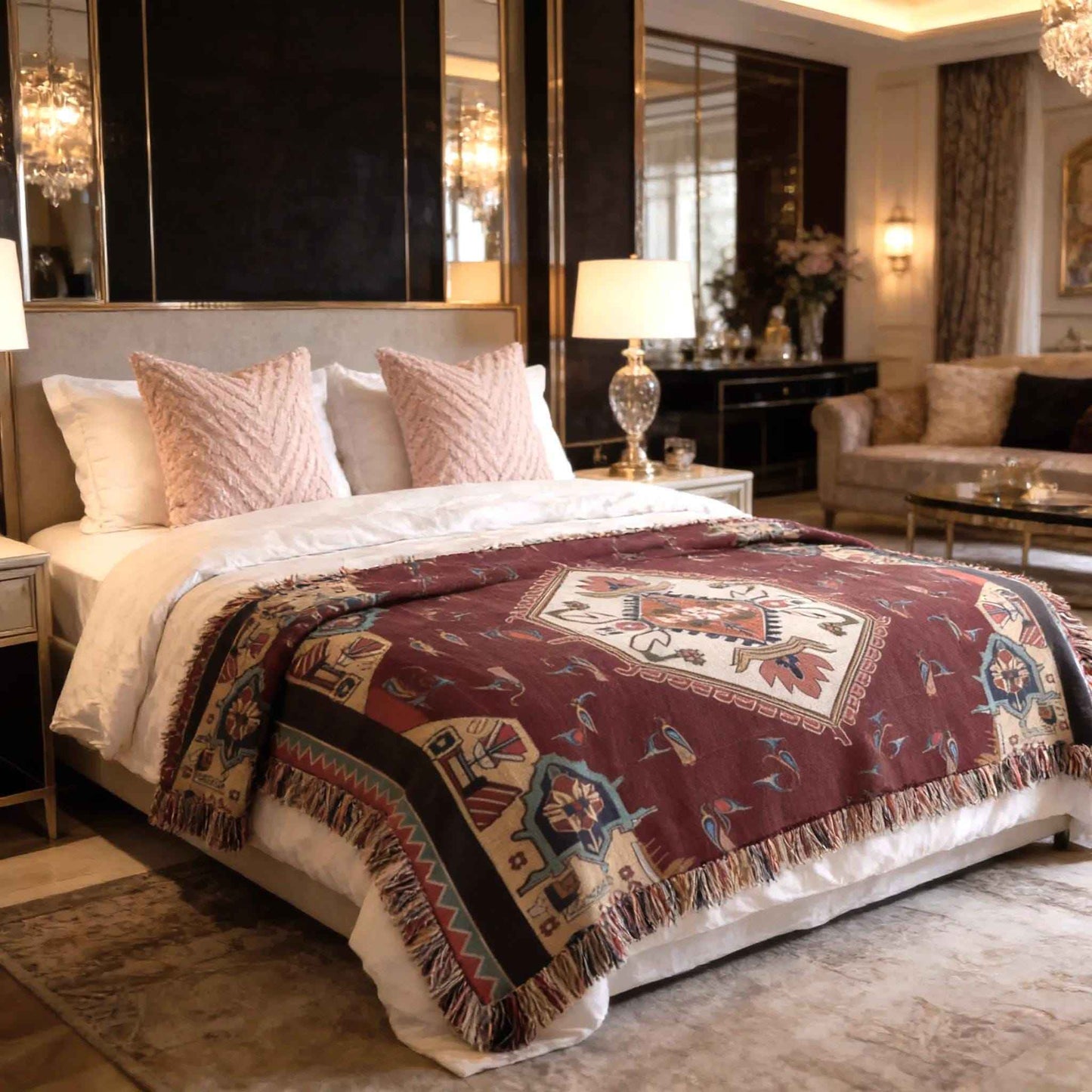 Anatolian Inspired woven blanket with woven pattern styled for layered home decor