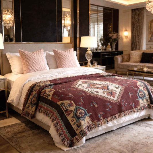 Anatolian Inspired woven blanket with woven pattern styled for layered home decor