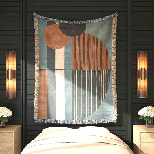 Modern Geometric woven wall tapestry with geometric pattern styled as textile wall decor