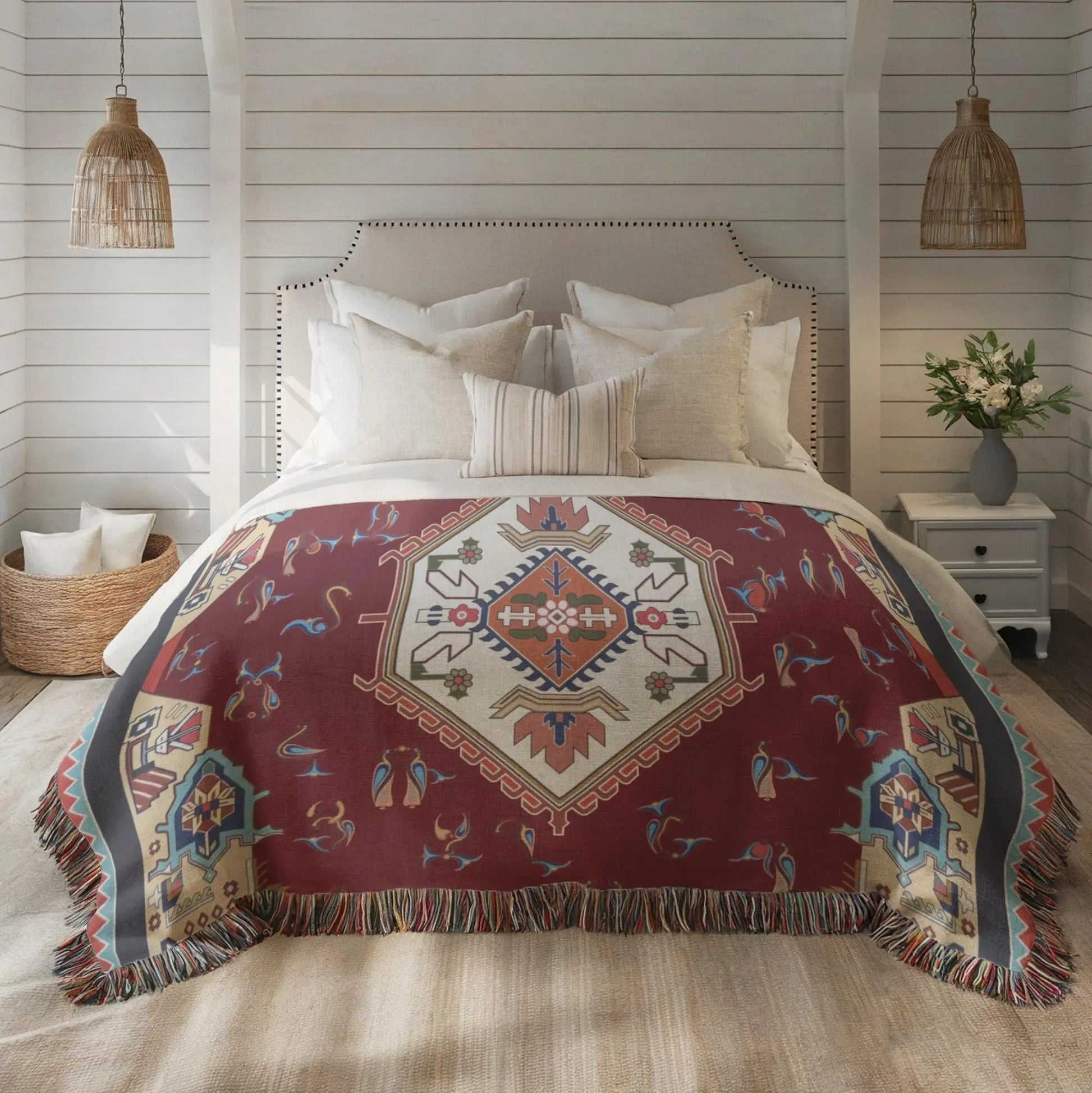 Anatolian Throw Blanket – Armenian Alphabet Cotton Woven Throw with Fringed Edge
