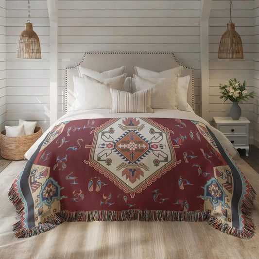 Anatolian Throw Blanket – Armenian Alphabet Cotton Woven Throw with Fringed Edge