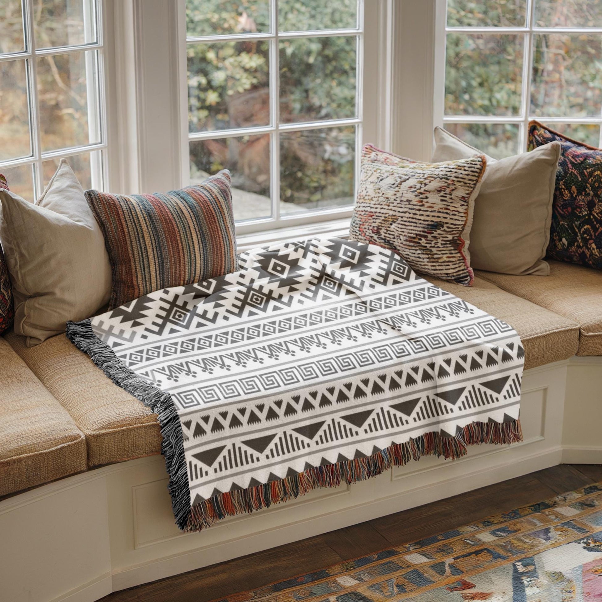 a cozy and inviting living space with a large window overlooking a lush garden. The window is adorned with several pillows, creating a comfortable seating area. A patterned blanket is draped over the window sill, adding a touch of warmth and texture to the scene. The overall atmosphere of the image is one of relaxation and tranquility, with the natural elements outside complementing the indoor comfort provided by the pillows and blanket.