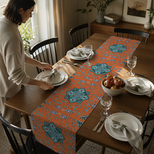 Orange and turquoise Armenian alphabet table runner on a dining table set with white plates and glasses