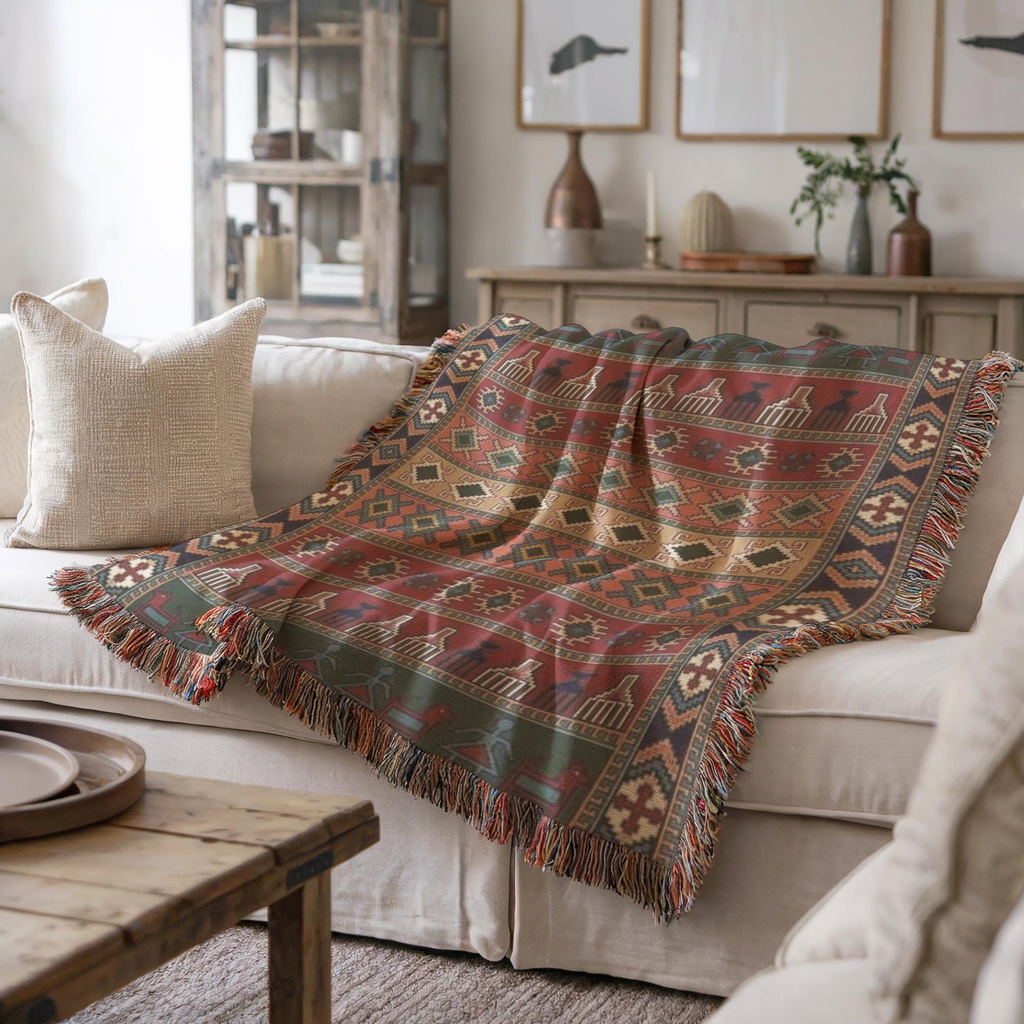 Anatolian Inspired woven blanket with rug-style pattern styled for layered home decor