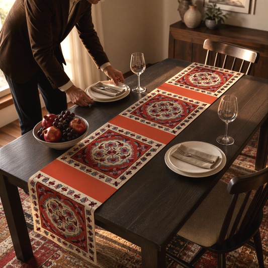 Western Armenian carpet table runner in red and cream on a dining table set with white plates and glasses