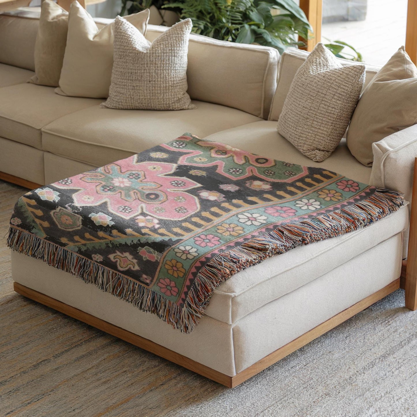 Caucasian Rug Inspired woven blanket with geometric pattern styled for layered home decor