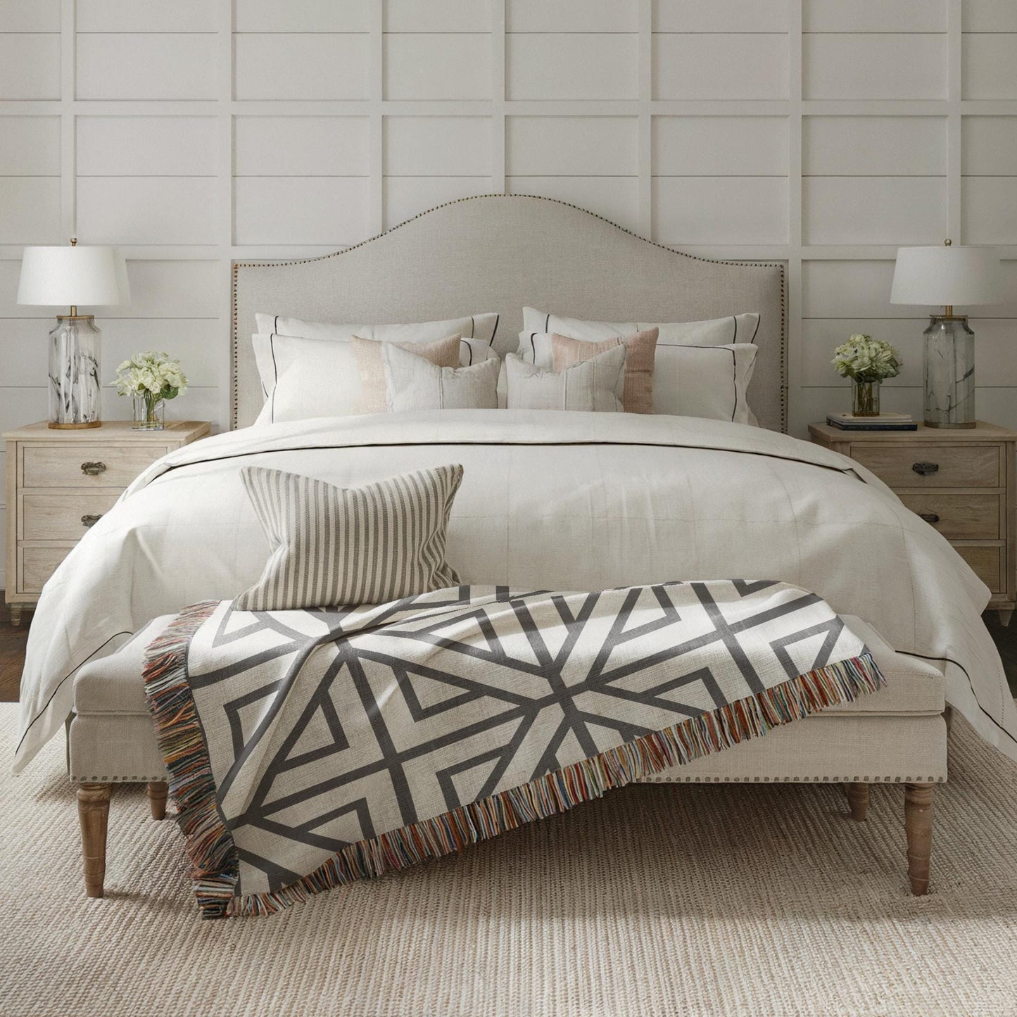 Modern Geometric woven blanket with geometric pattern styled for layered home decor