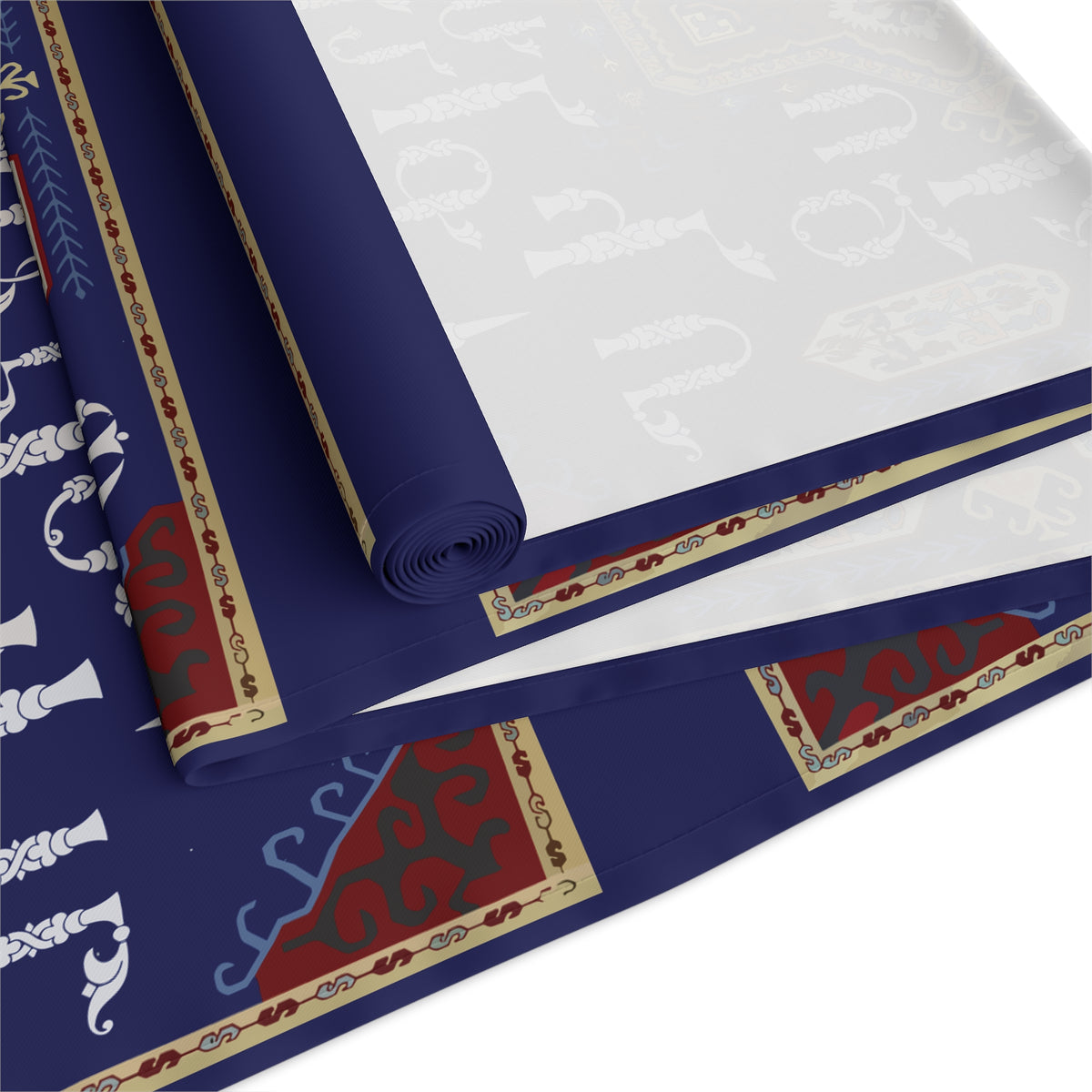 Armenian alphabet table runner in deep blue shown on a dining table