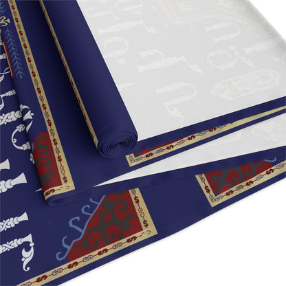 Armenian alphabet table runner in deep blue shown on a dining table