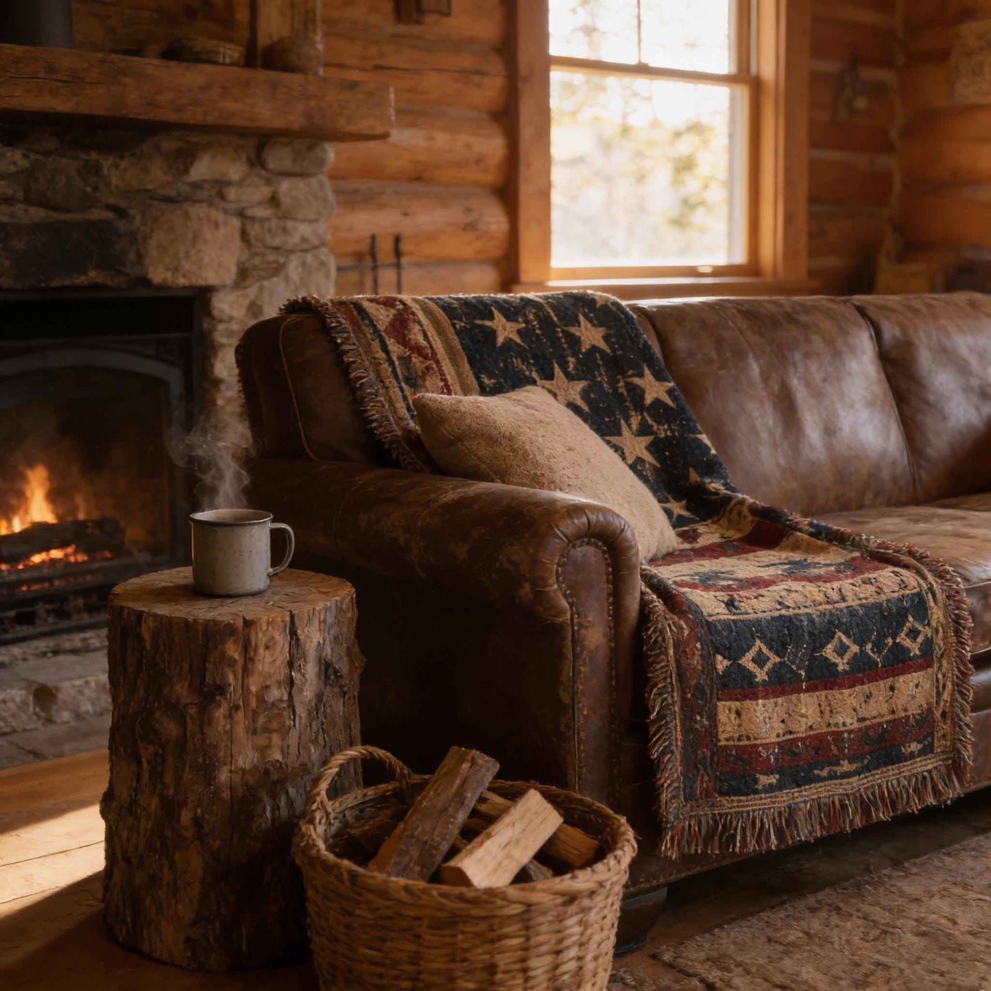 Southwestern outdoor woven throw blanket with geometric pattern for patio styling