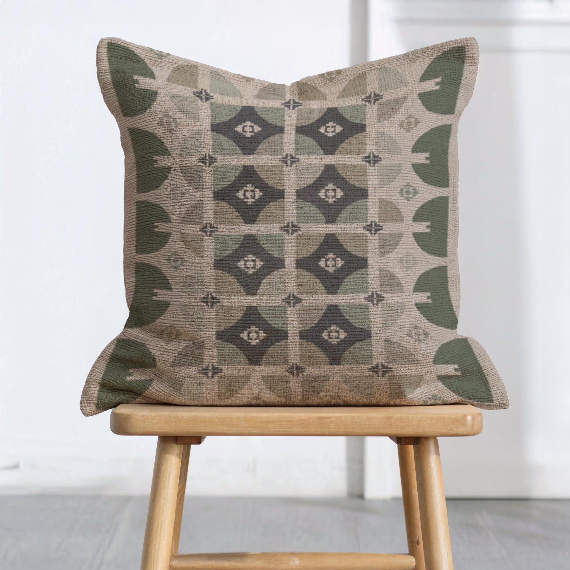 Modern Woven Pillow | Square Throw Pillow With Green Beige Design - Stylish Home Decor