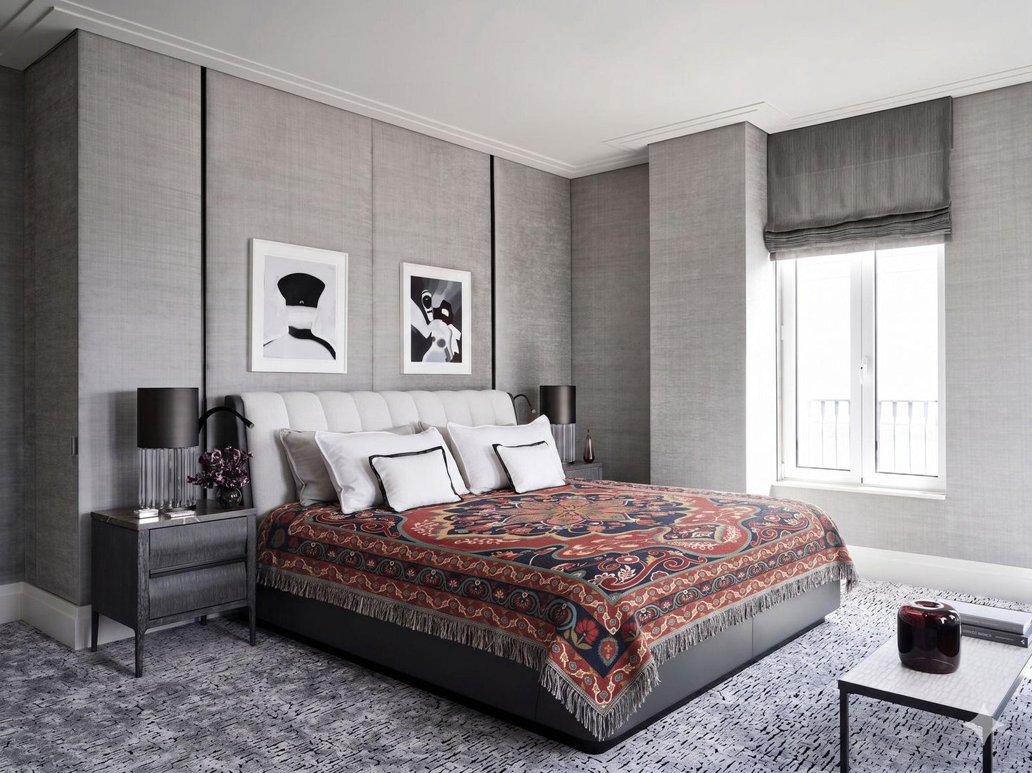Anatolian Inspired woven blanket with rug-style pattern styled for layered home decor