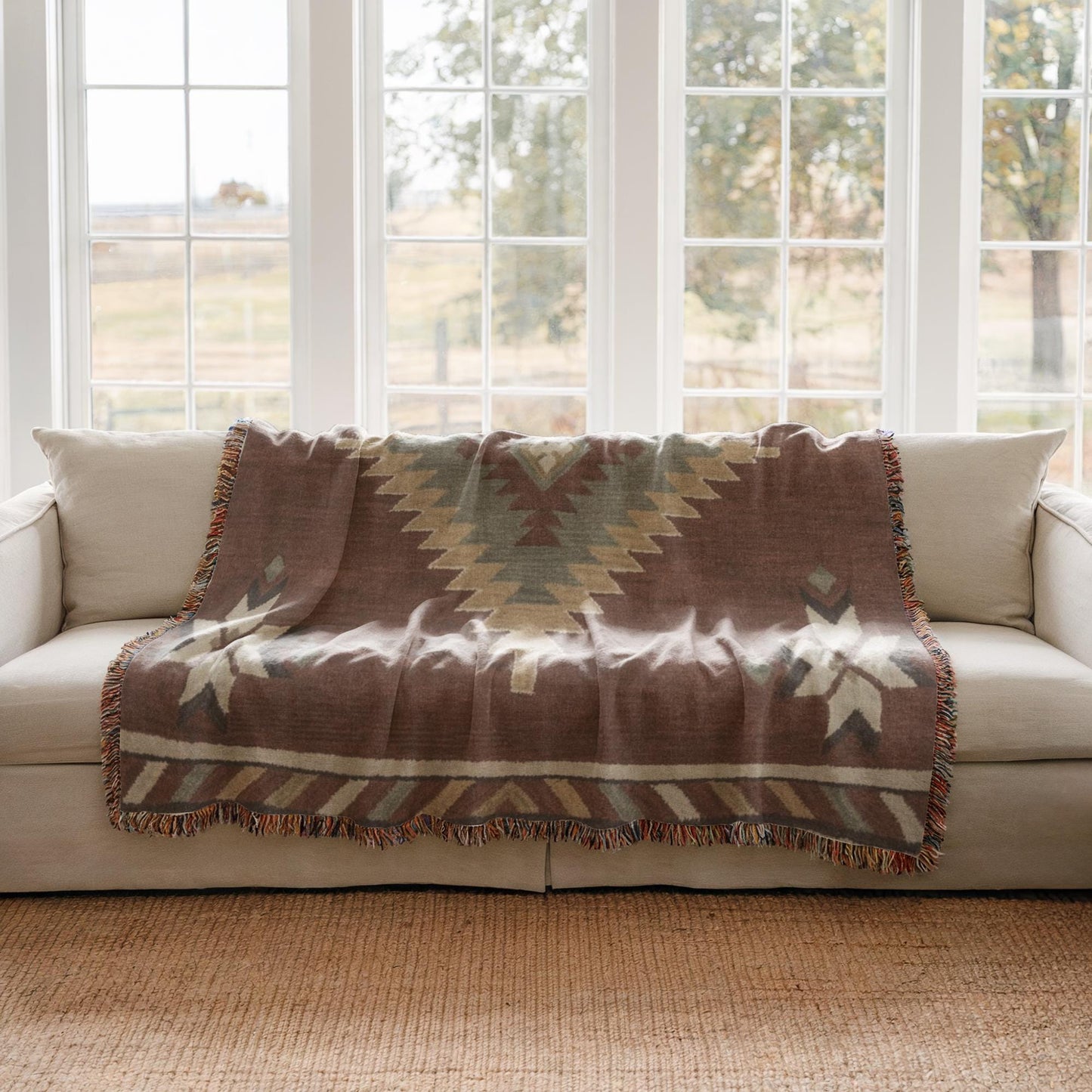 Southwestern woven blanket with geometric pattern styled for layered home decor