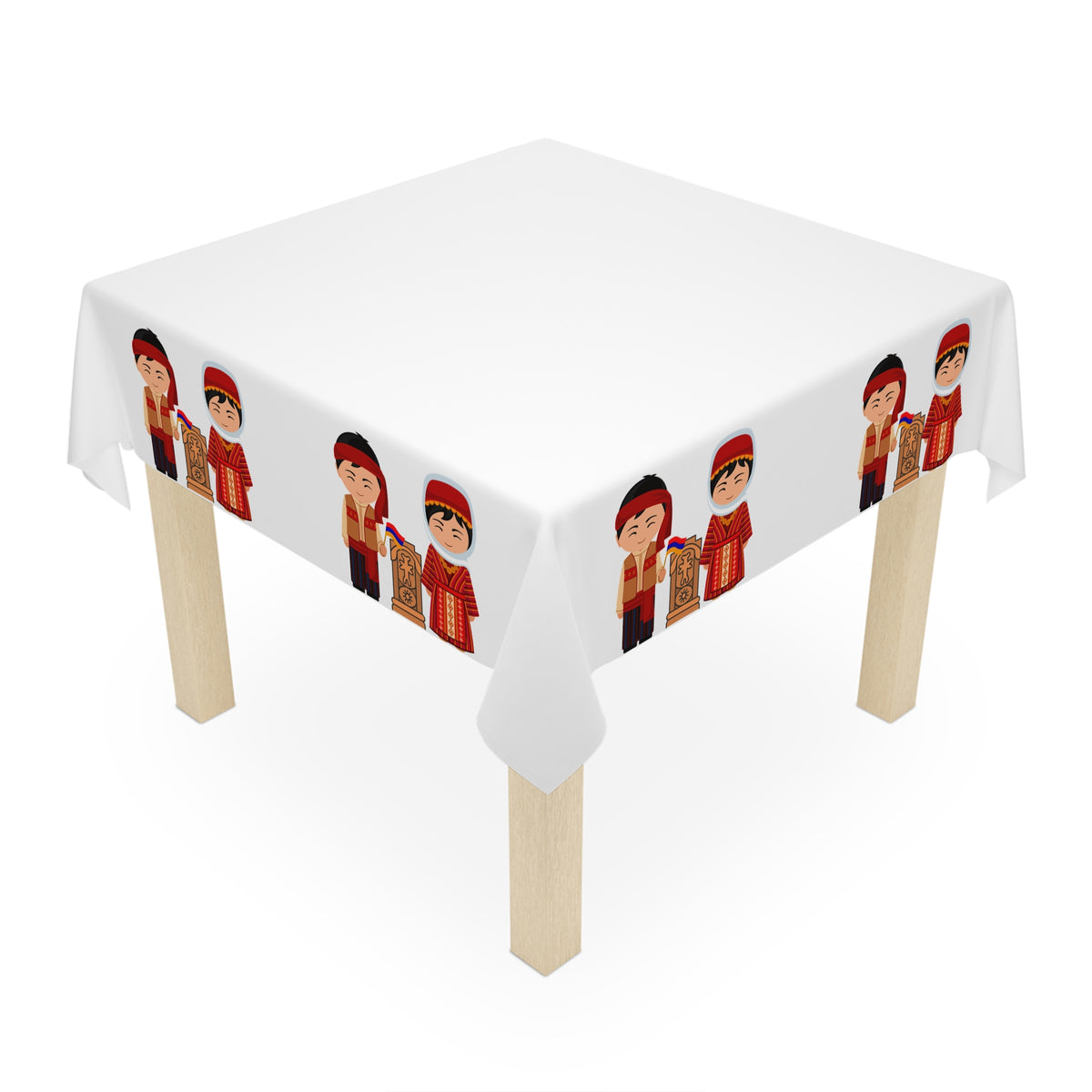 Armenian folk tablecloth with dress figures draped over a round table beside a window