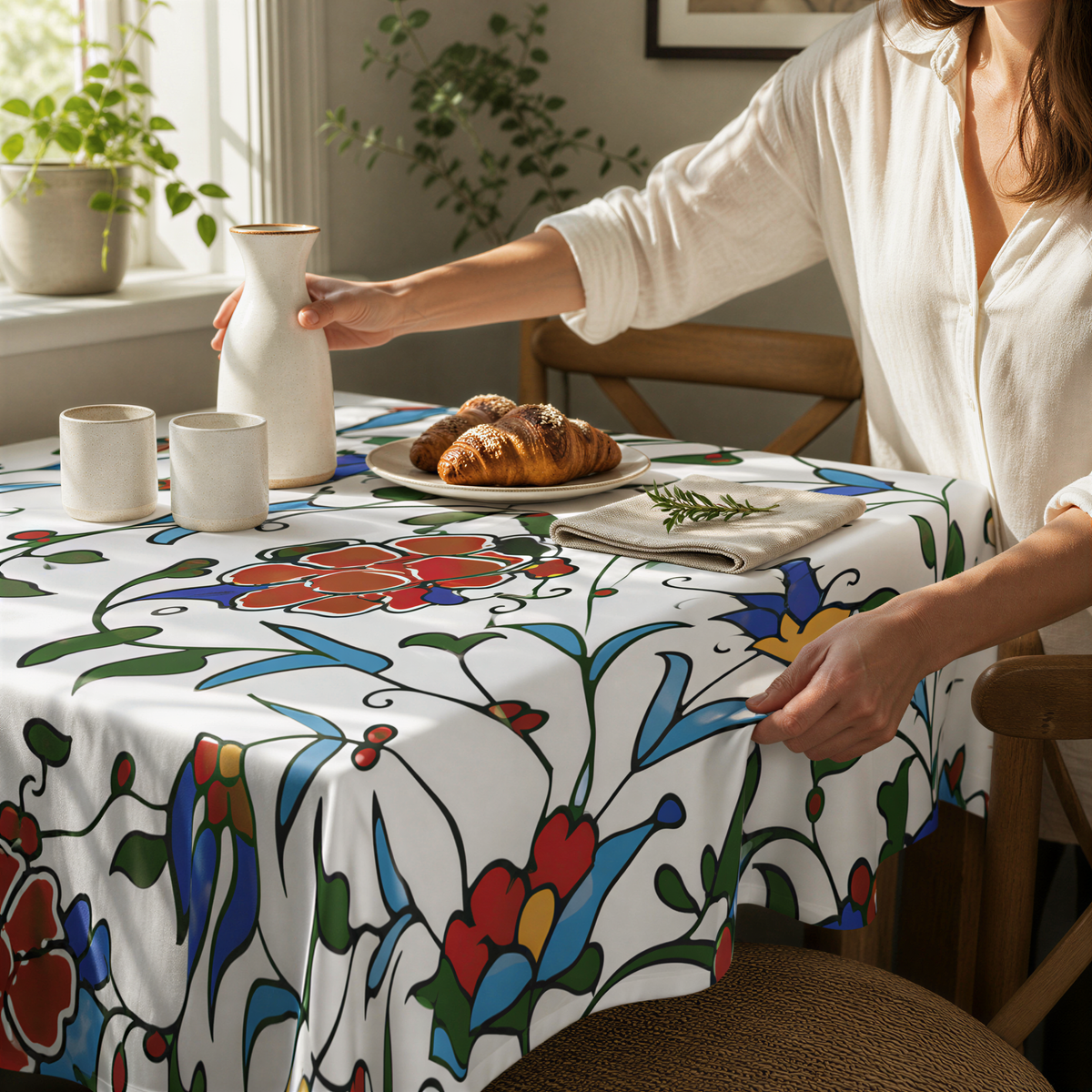 Armenian pottery square tablecloth in blue and red, a woman pouring from a jug at a round table
