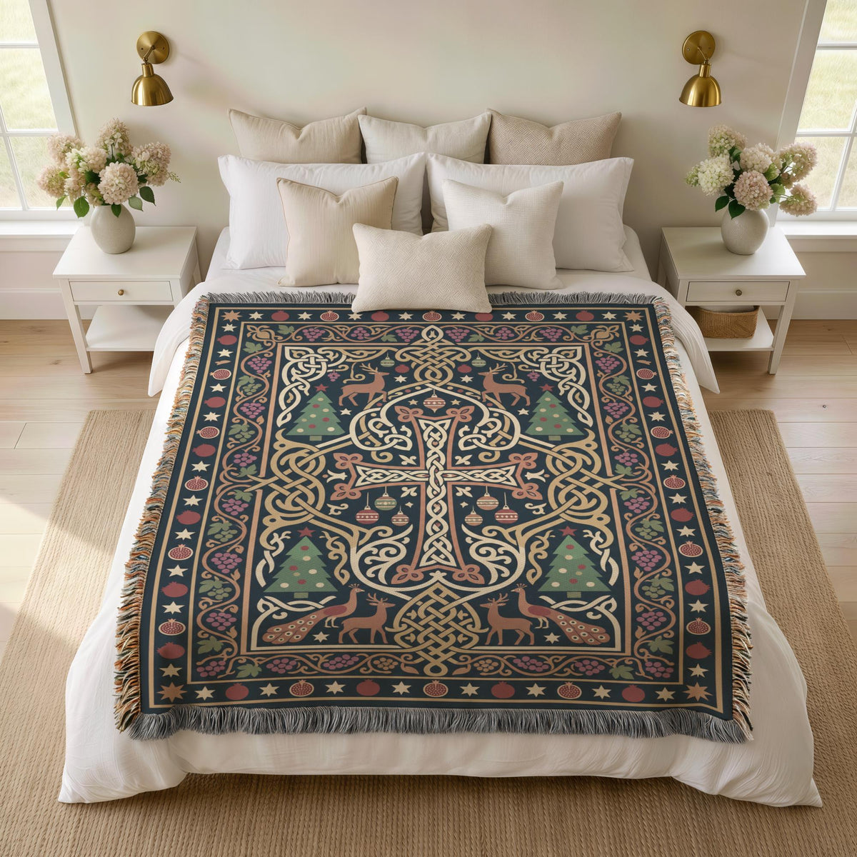 Armenian cross Christmas blanket over a bed with white pillows and flowers on the nightstands