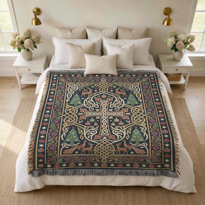 Armenian cross Christmas blanket over a bed with white pillows and flowers on the nightstands