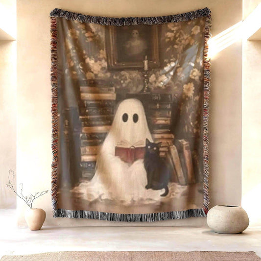 Ghost Cat Blanket – Cozy Throw With Cute Ghost Design | Warm Cotton Woven Blanket - timelessbohochic.com