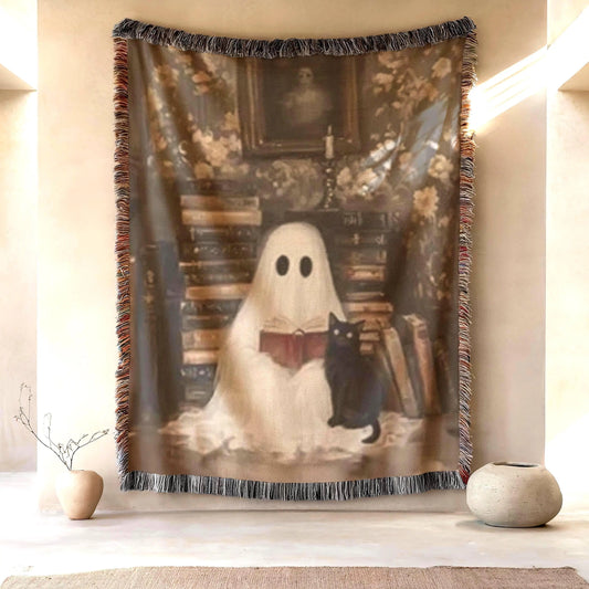 Ghost Cat Blanket – Cozy Throw With Cute Ghost Design | Warm Cotton Woven Blanket