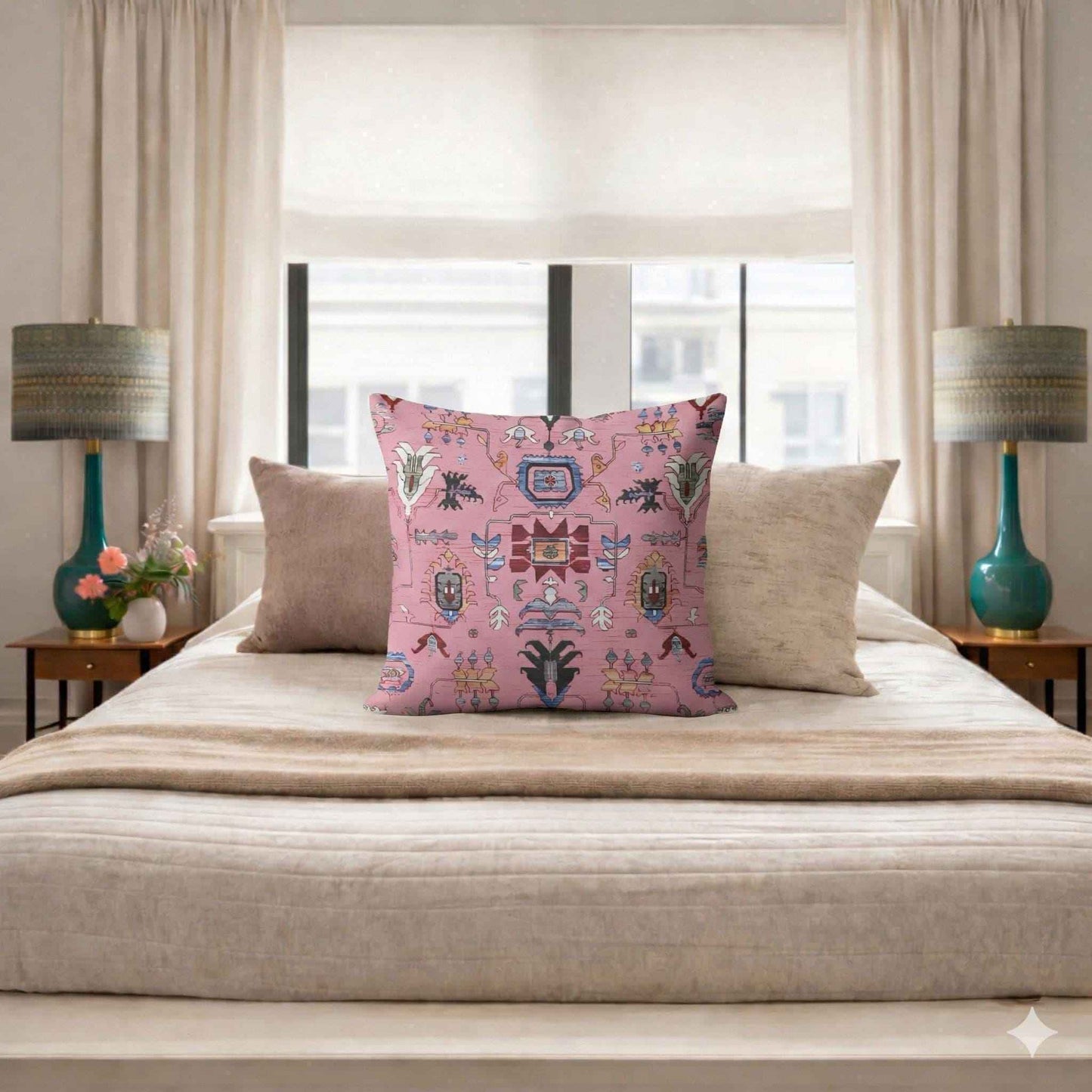Anatolian Inspired pillow cover with rug-style pattern styled on a sofa or bed