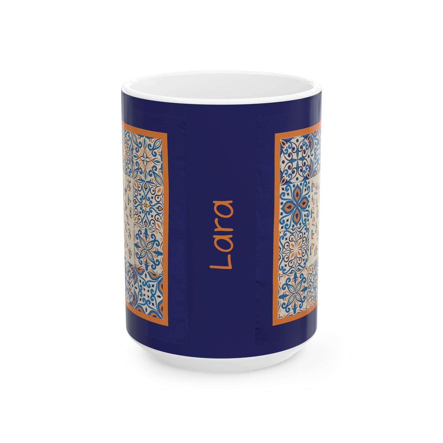 Armenian Alphabet Ceramic Mug, Blue and Orange, Personalized