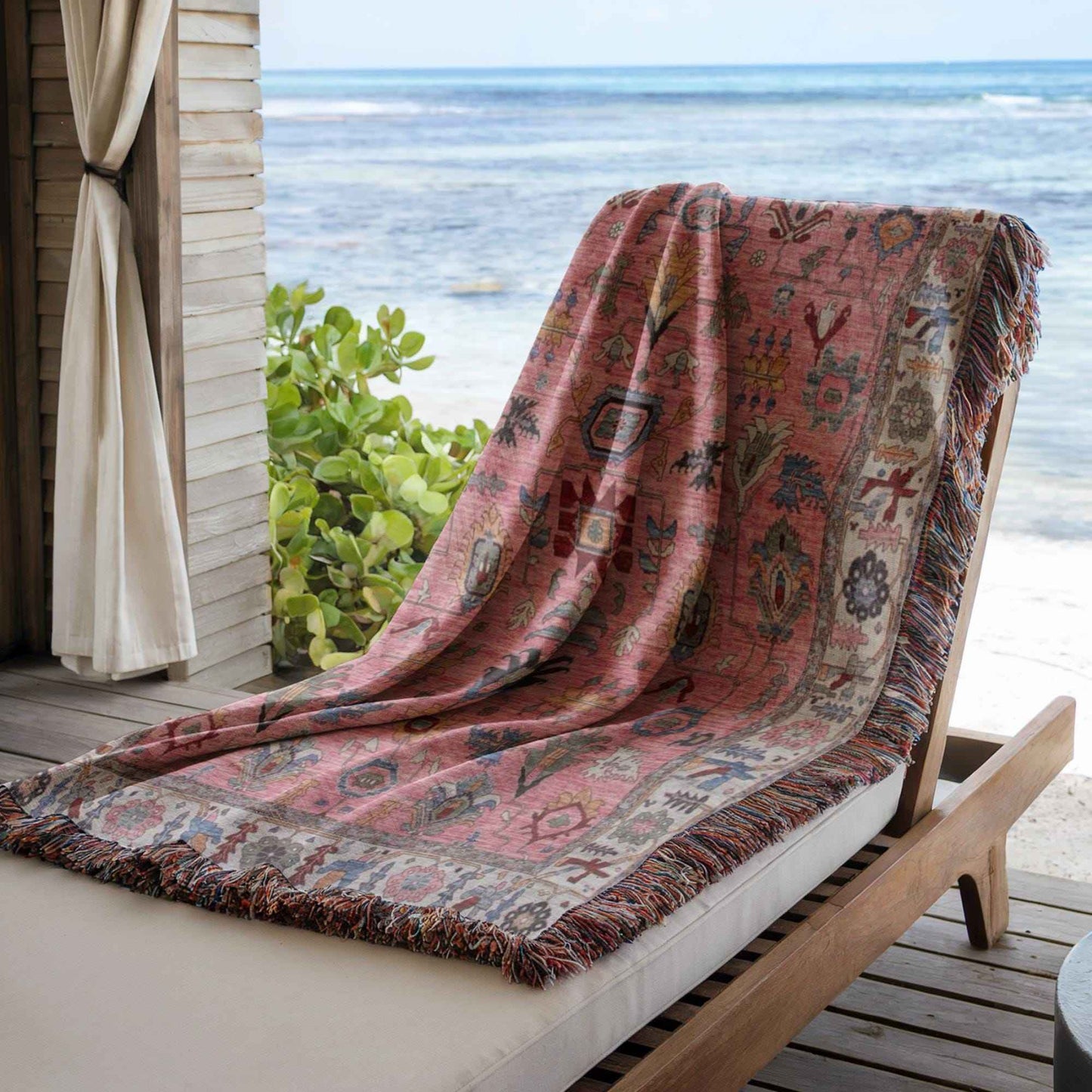 Anatolian Inspired outdoor woven throw blanket with rug-style pattern for patio styling