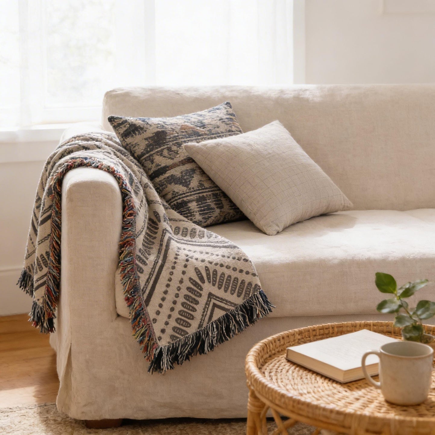 Modern Geometric pillow cover with geometric pattern styled on a sofa or bed