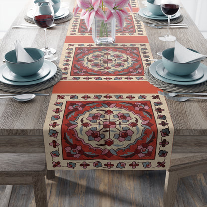 Western Armenian carpet table runner in red and cream being laid on a dining table