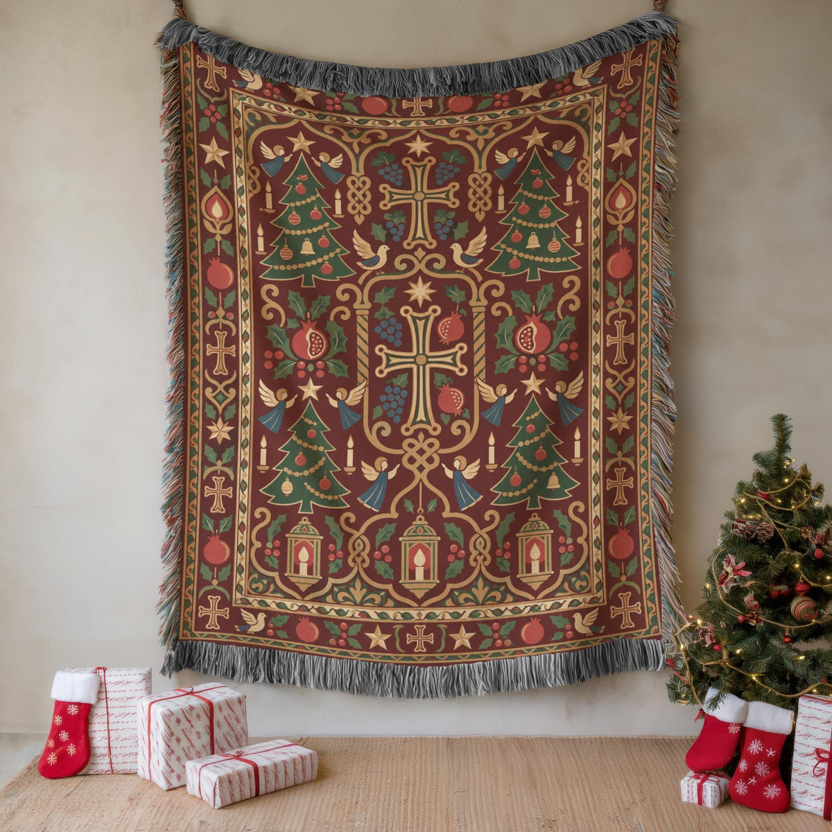 Armenian cross and Christmas tree woven blanket hung on a wall beside a Christmas tree and wrapped gifts