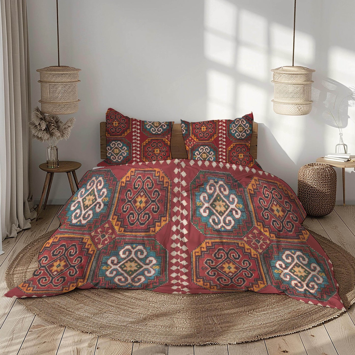 Caucasian Rug Duvet - Armenian Pattern Bedding Set | Soft Breathable 3 Piece Cover - timelessbohochic.com