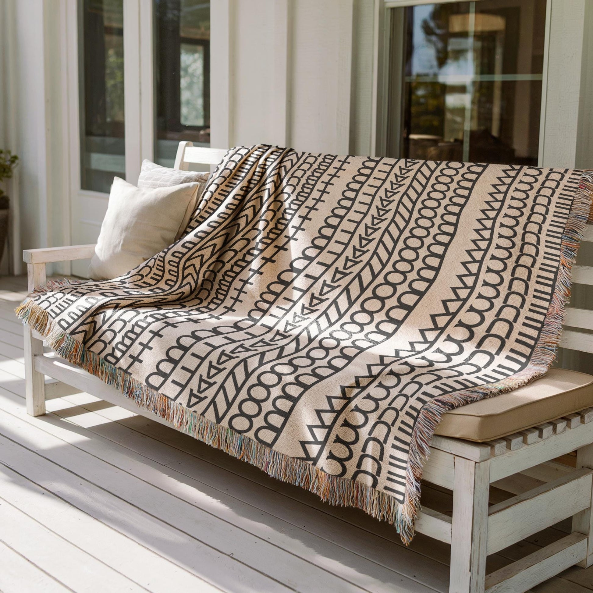 Woven Statement Blanket – Modern Throw Cotton Artisan Decorative Throw with Colorful Fringed Edges