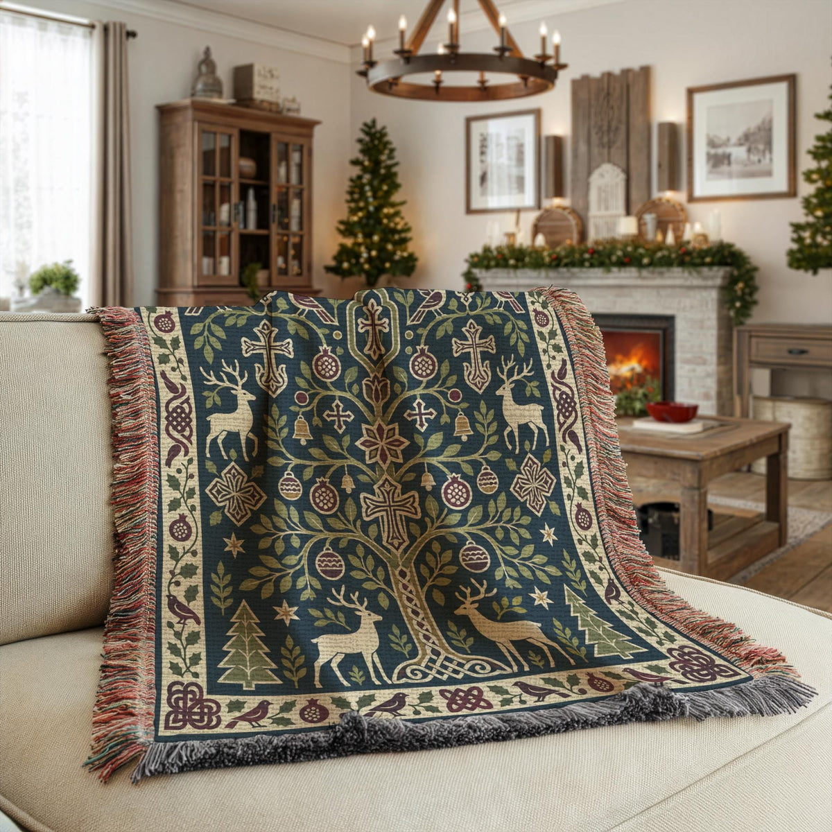 a cozy living room with a large, intricately designed blanket draped over a beige sofa. The blanket has a tree motif and various decorative elements, creating a festive and warm atmosphere.