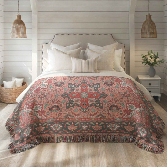 Anatolian Inspired woven blanket with rug-style pattern styled for layered home decor