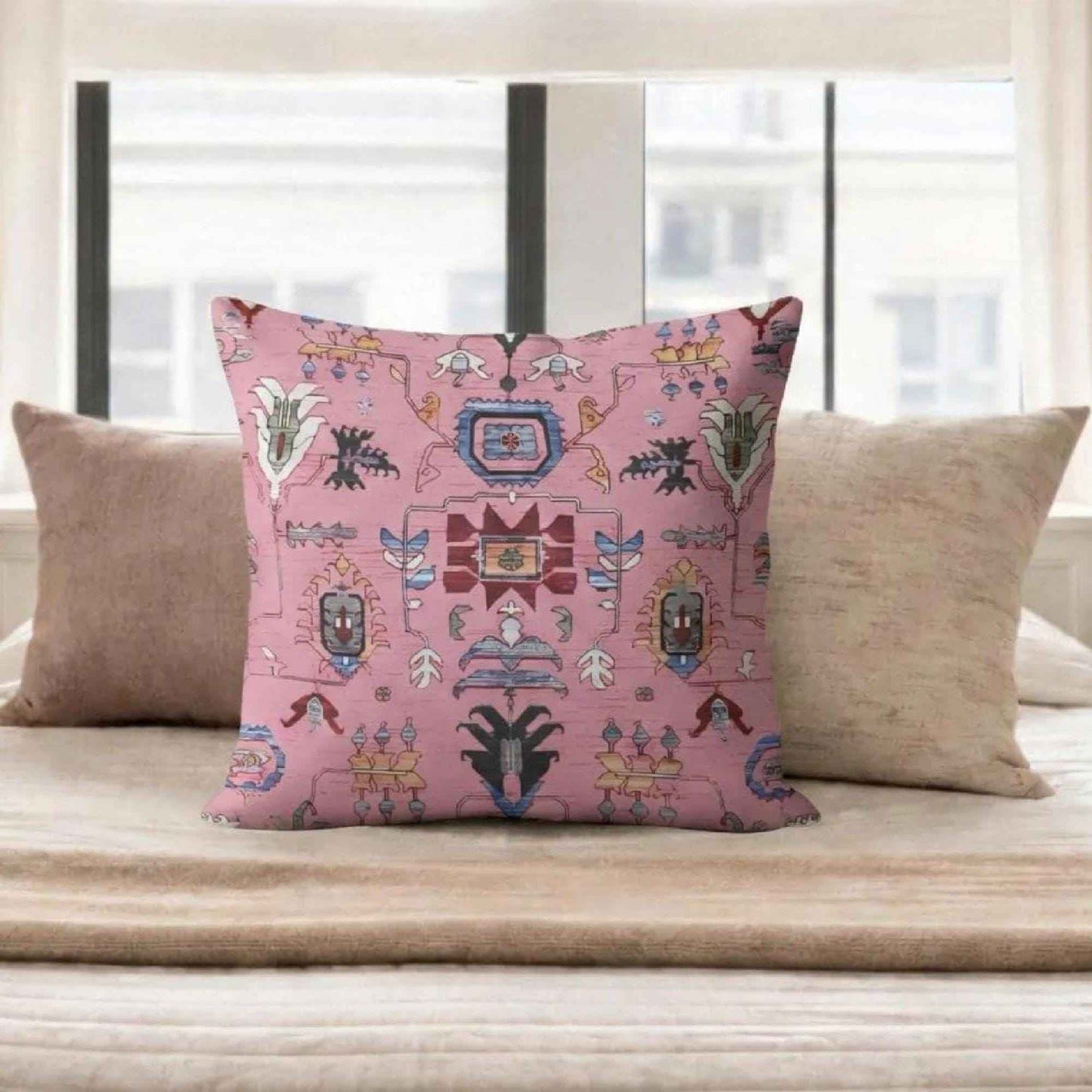 Anatolian Inspired pillow cover with rug-style pattern styled on a sofa or bed