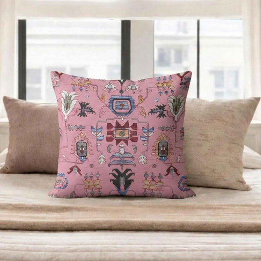 Anatolian Inspired pillow cover with rug-style pattern styled on a sofa or bed