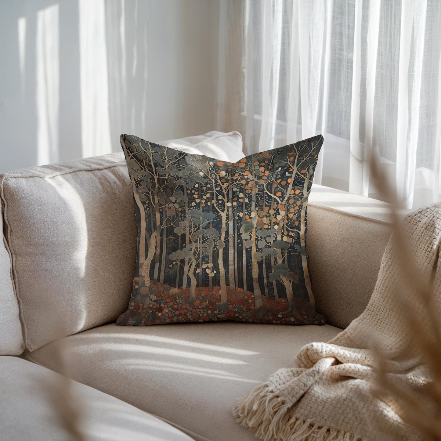 Scandinavian Inspired pillow cover with woven pattern styled on a sofa or bed