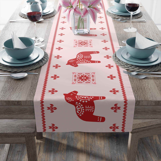 Scandi Holiday Table Runner – Scandinavian Dala Horse Winter Star Pattern, Machine Washable - timelessbohochic.com