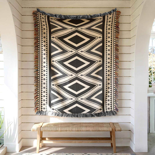 Native American Wall Hanging – Boho Wall Decor With Southwestern Tapestry & Fringed Edge - timelessbohochic.com